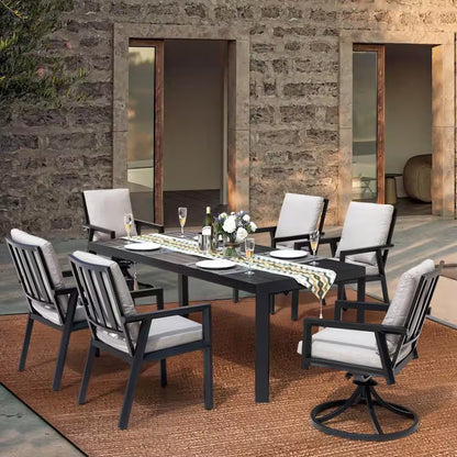 Black 7-Piece Aluminum Outdoor Dining Set with Gray Cushion