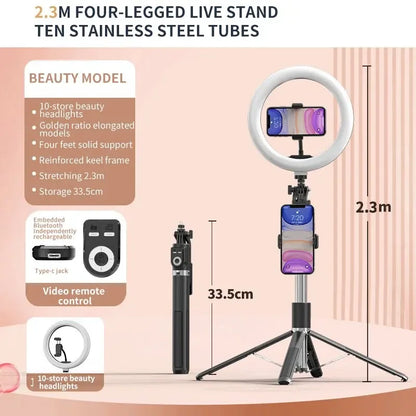 2.2M Selfie Stick 360 Degree Rotating Stand Foldable Bluetooth Selfie Stick Live Broadcast Bracket with Fill Light