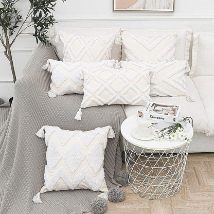 Boho White Throw Pillow Cover 18X18 Inch with Tassels, Moroccan Tufted Decorative Cream Chenille Fabric Accent Textured Cushion Case for Bed Couch, 1 PC Cover Only No Insert