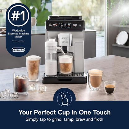 De'Longhi Eletta Explore Espresso Machine with Coffee Grinder, Milk Frother | #1 Worldwide Espresso Machine Maker, 50+ One-Touch Recipes, Travel Mug, Hot & Cold Frother, Built-In Grinder, 4 User Profiles