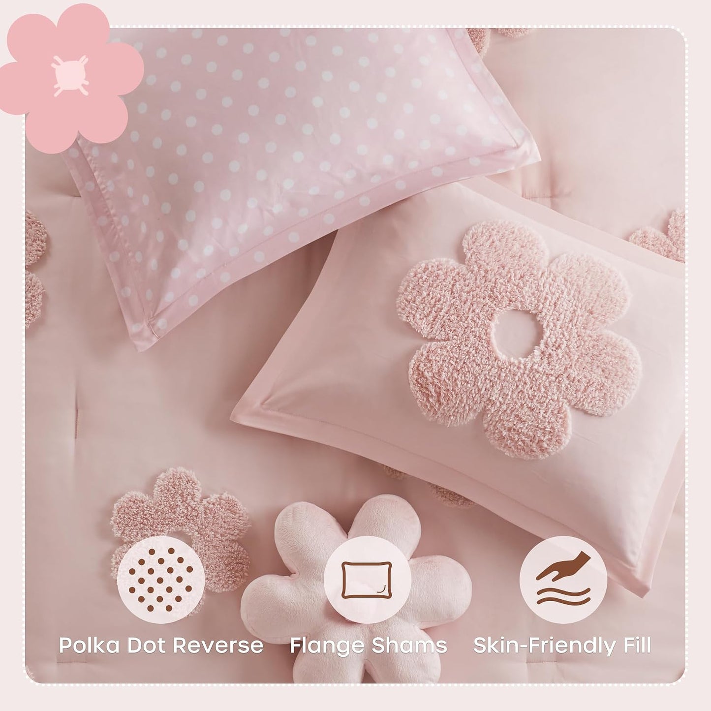 Kids Pink Floral Twin Comforter Set for Girls, 3Pc | Tufted Chenille, Polka Dot Reverse, Machine Washable, All Season, Lightweight, Bedding Set, Ultra Soft
