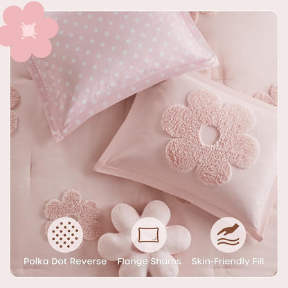 Kids Pink Floral Twin Comforter Set for Girls, 3Pc | Tufted Chenille, Polka Dot Reverse, Machine Washable, All Season, Lightweight, Bedding Set, Ultra Soft