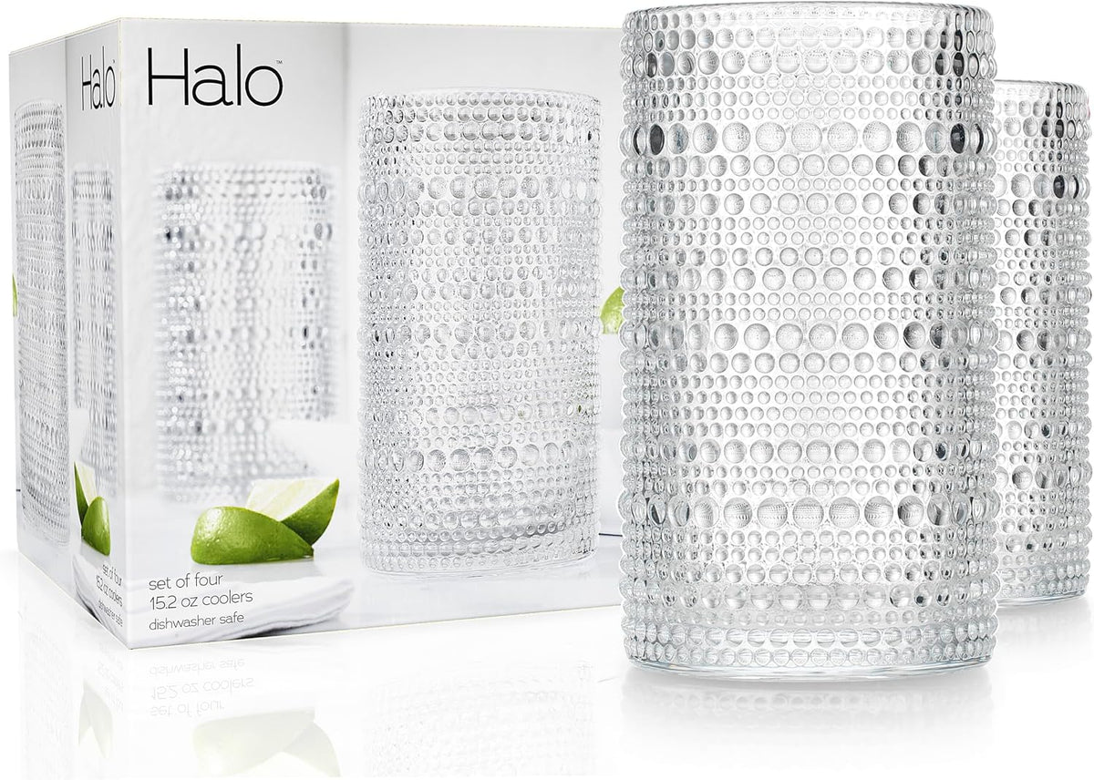 Hobnail Drinking Glasses, Set of 4 Clear Vintage Beaded Glass Cups, 15 Oz. Cocktail Drinking Glassware Set, for Water Juice, Smoothies. Home, Dinner, Bar Uses.