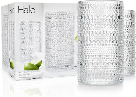 Hobnail Drinking Glasses, Set of 4 Clear Vintage Beaded Glass Cups, 15 Oz. Cocktail Drinking Glassware Set, for Water Juice, Smoothies. Home, Dinner, Bar Uses.
