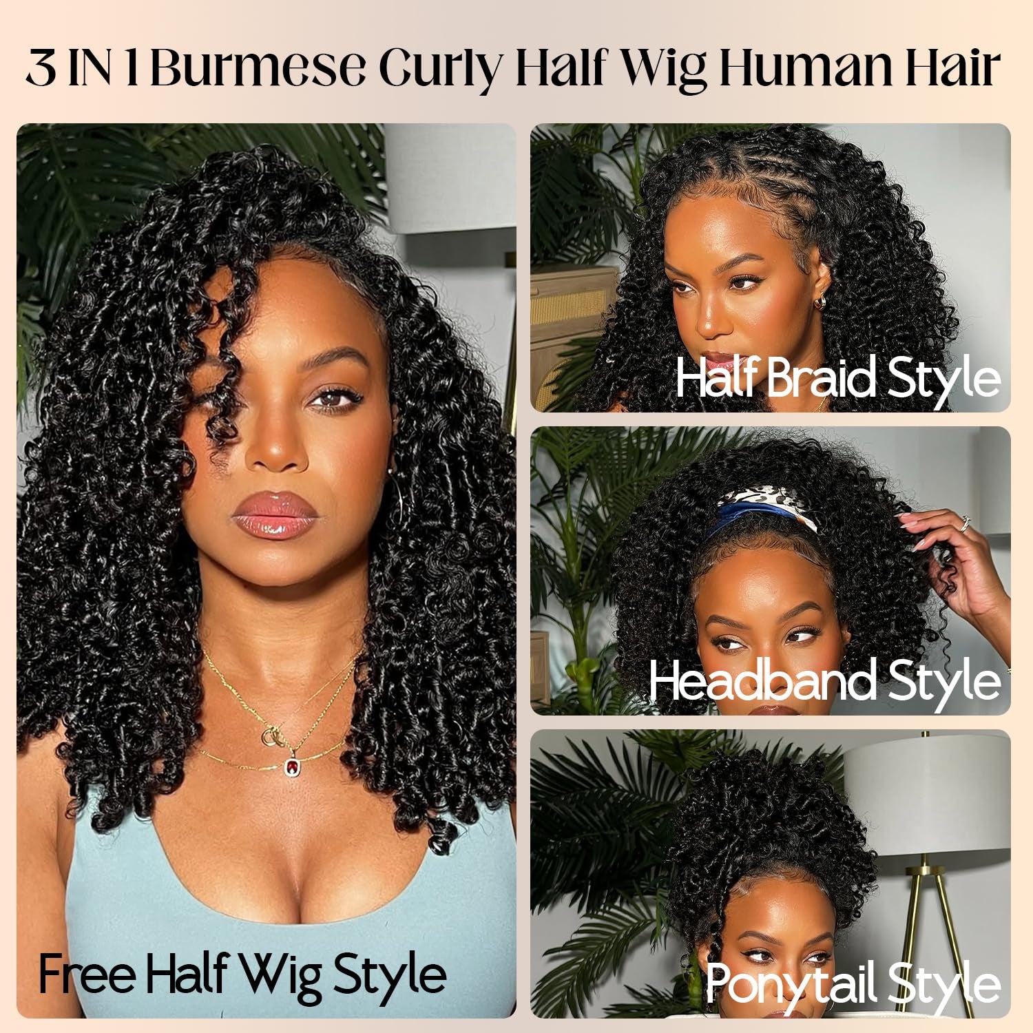 250% Density 20 Inch Burmese Curly Half Wig,100% Human Hair,[2-Year Life,210G], 3 in 1 Glueless Human Hair Half Wig Seamless Flip over Half Wigs for Black Women No Glue No Lace Curly Wig