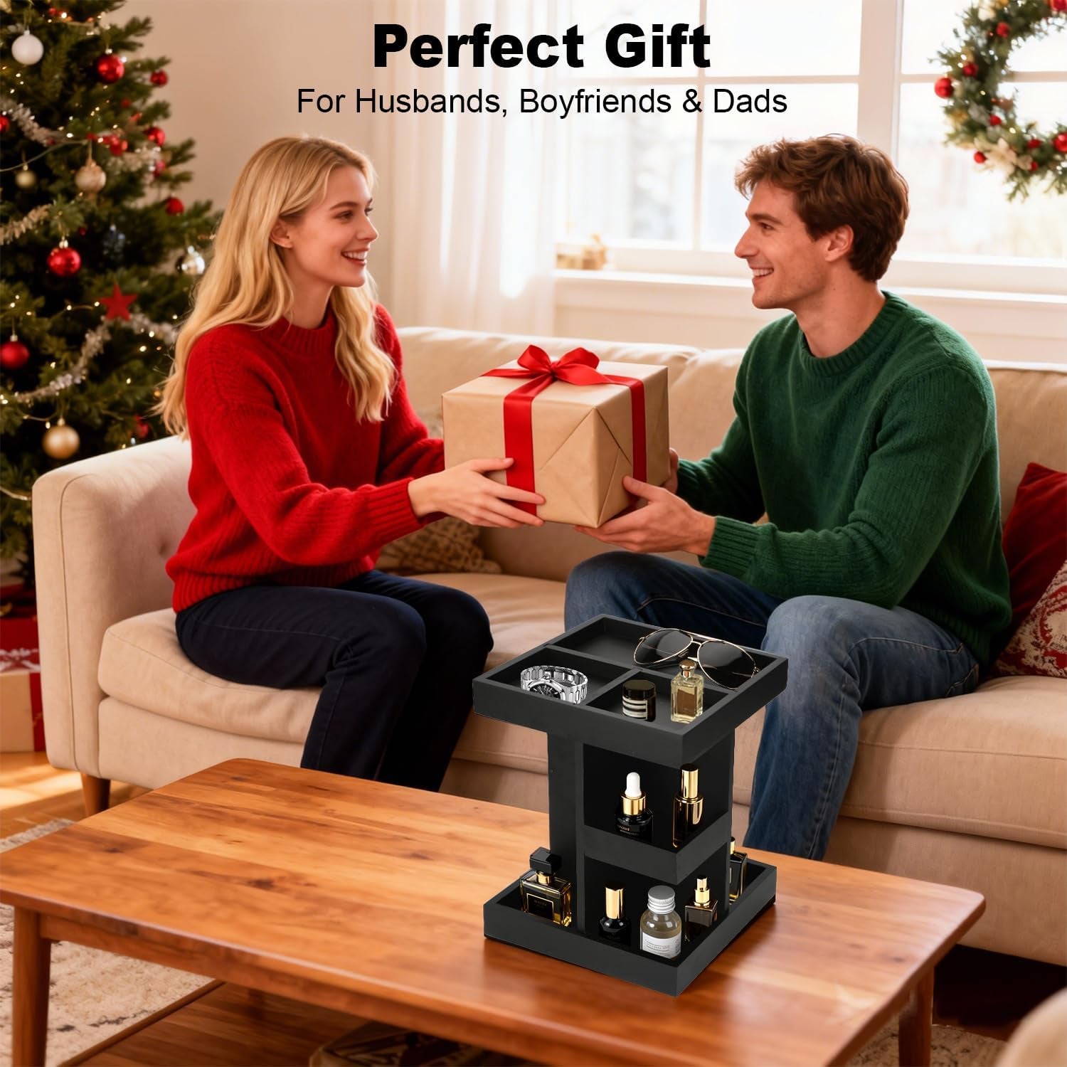Cologne Organizer for Men, 3-Tier Wood Perfume Stand, Black | 360° Rotation, for Desk, Nightstand, Dresser, Birthday Gift for Husband, Boyfriend, Dad