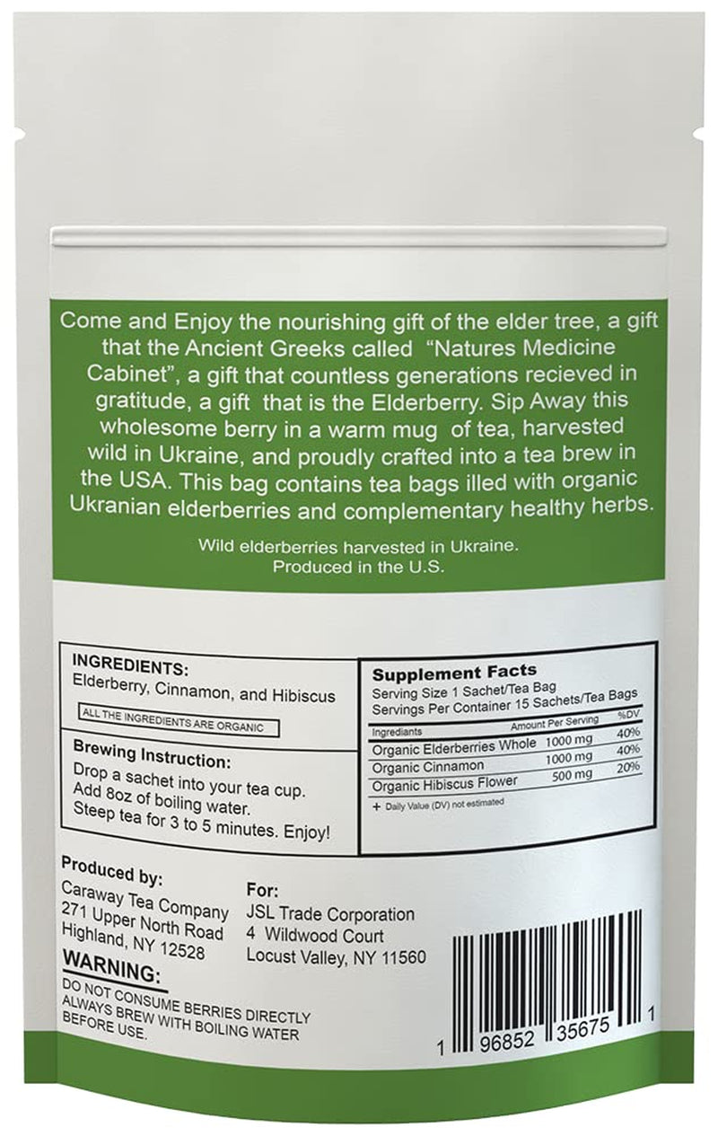 Elderberry Hibiscus Cinnamon Tea - 15 Ct Teabags, Single Serve, Made in USA