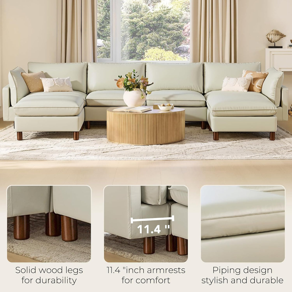CHITA 118" Leather Super Large Sectional Couches for Living Room, Modular Cloud Sofa, Premium Genuine Leather Sofa, down Filled, High Density Foam, Real Leather in Cream, 5 Seat Corner Couch