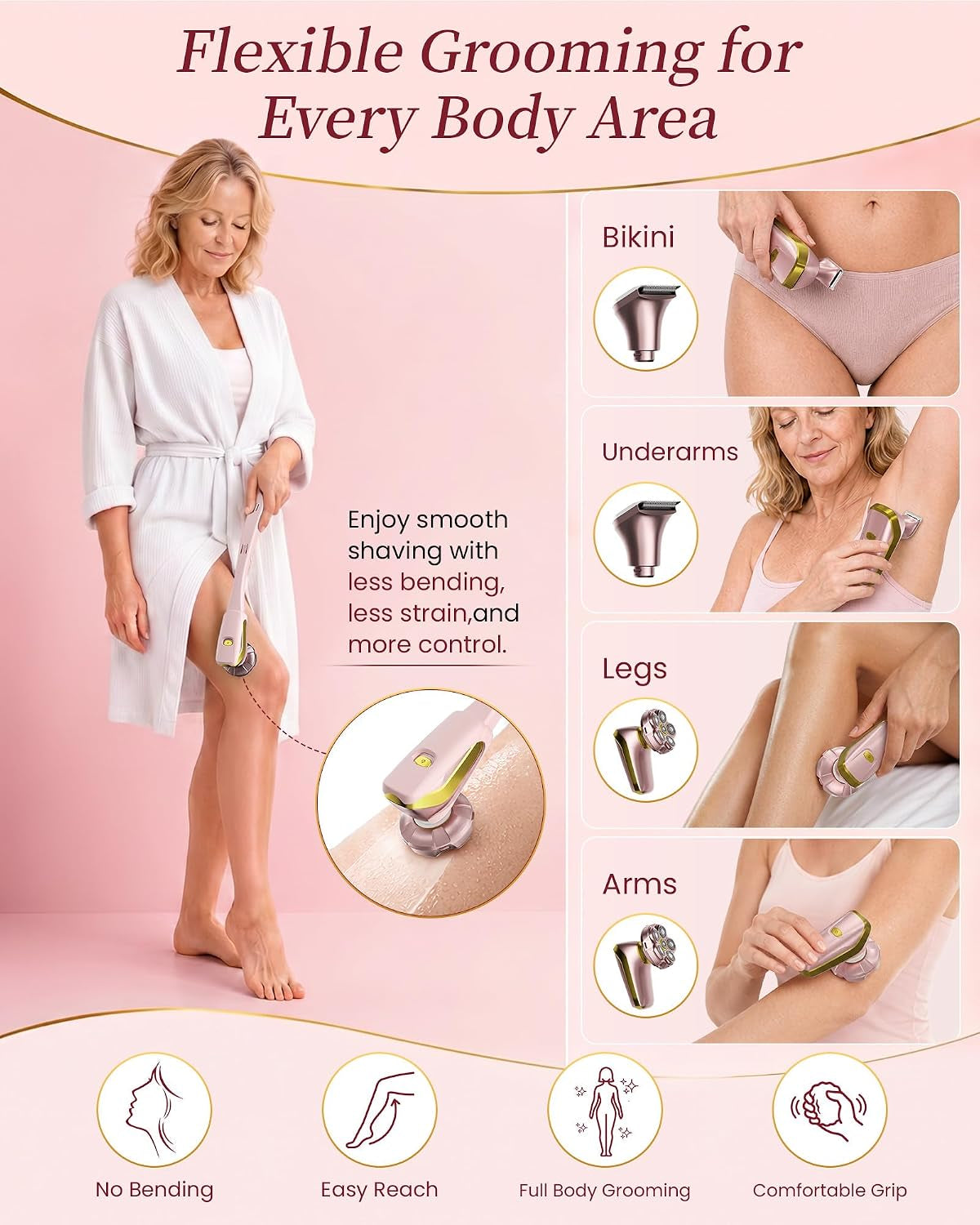 Electric Razor for Women Legs: 2-In-1 Painless 6D Body Shaver W/Long Handle | Fast & Smooth Shaver Head, Waterproof Bikini Trimmer Head for Underarms, Arms, Lady Hair Removal Kit, LED Display (Nude Pink)