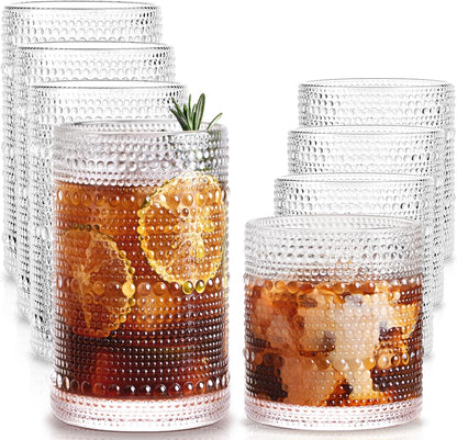 Drinking Water Glass Cups Set,Crystal Hobnail Glass Set of 8,15Oz&12Oz | Unique Design Vintage Tall Glass Cups Sets for Whiskey,Cocktail,Mocktails