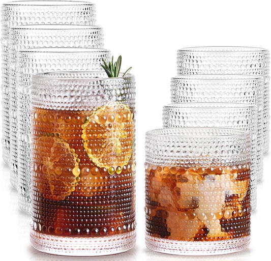 Drinking Water Glass Cups Set,Crystal Hobnail Glass Set of 8,15Oz&12Oz | Unique Design Vintage Tall Glass Cups Sets for Whiskey,Cocktail,Mocktails