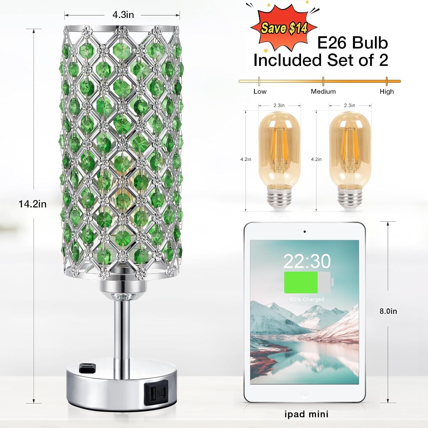 Green Crystal Lamp Touch Control Set of 2, Crystal Table Lamps with USB C+A Ports & AC Outlet, 3-Way Dimmable Nightstand Touch Lamp, Modern Bedside Table Lamp for Bedroom(Bulbs Included)