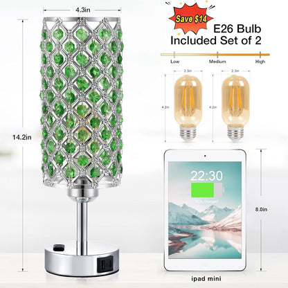 Green Crystal Lamp Touch Control Set of 2, Crystal Table Lamps with USB C+A Ports & AC Outlet, 3-Way Dimmable Nightstand Touch Lamp, Modern Bedside Table Lamp for Bedroom(Bulbs Included)