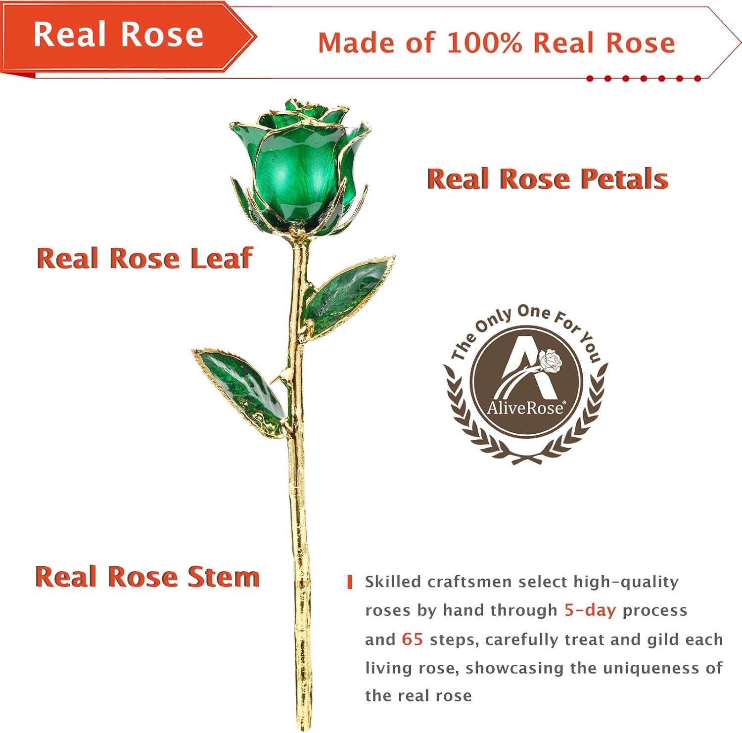 Gold Dipped Rose, 24K Gold Rose Made from Real Rose - Unique Design Gold Plated Rose for Anniversary Valentines Mothers Day Birthday Gifts (Green Original with Stand)