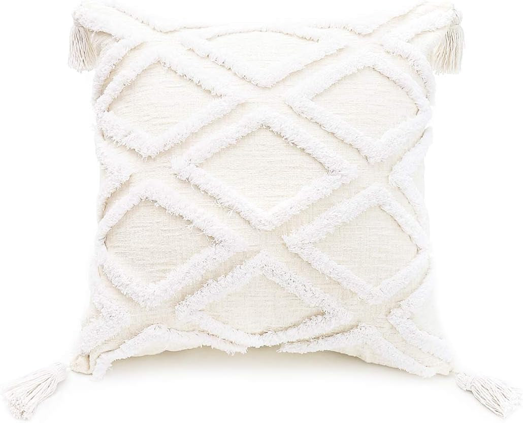 Boho White Throw Pillow Cover 18X18 Inch with Tassels, Moroccan Tufted Decorative Cream Chenille Fabric Accent Textured Cushion Case for Bed Couch, 1 PC Cover Only No Insert