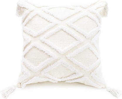 Boho White Throw Pillow Cover 18X18 Inch with Tassels, Moroccan Tufted Decorative Cream Chenille Fabric Accent Textured Cushion Case for Bed Couch, 1 PC Cover Only No Insert
