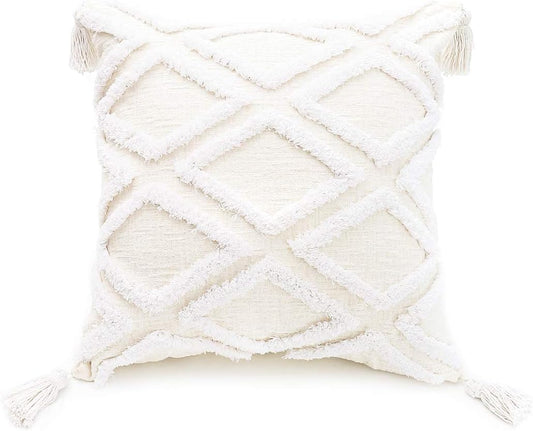 Boho White Throw Pillow Cover 18X18 Inch with Tassels, Moroccan Tufted Decorative Cream Chenille Fabric Accent Textured Cushion Case for Bed Couch, 1 PC Cover Only No Insert