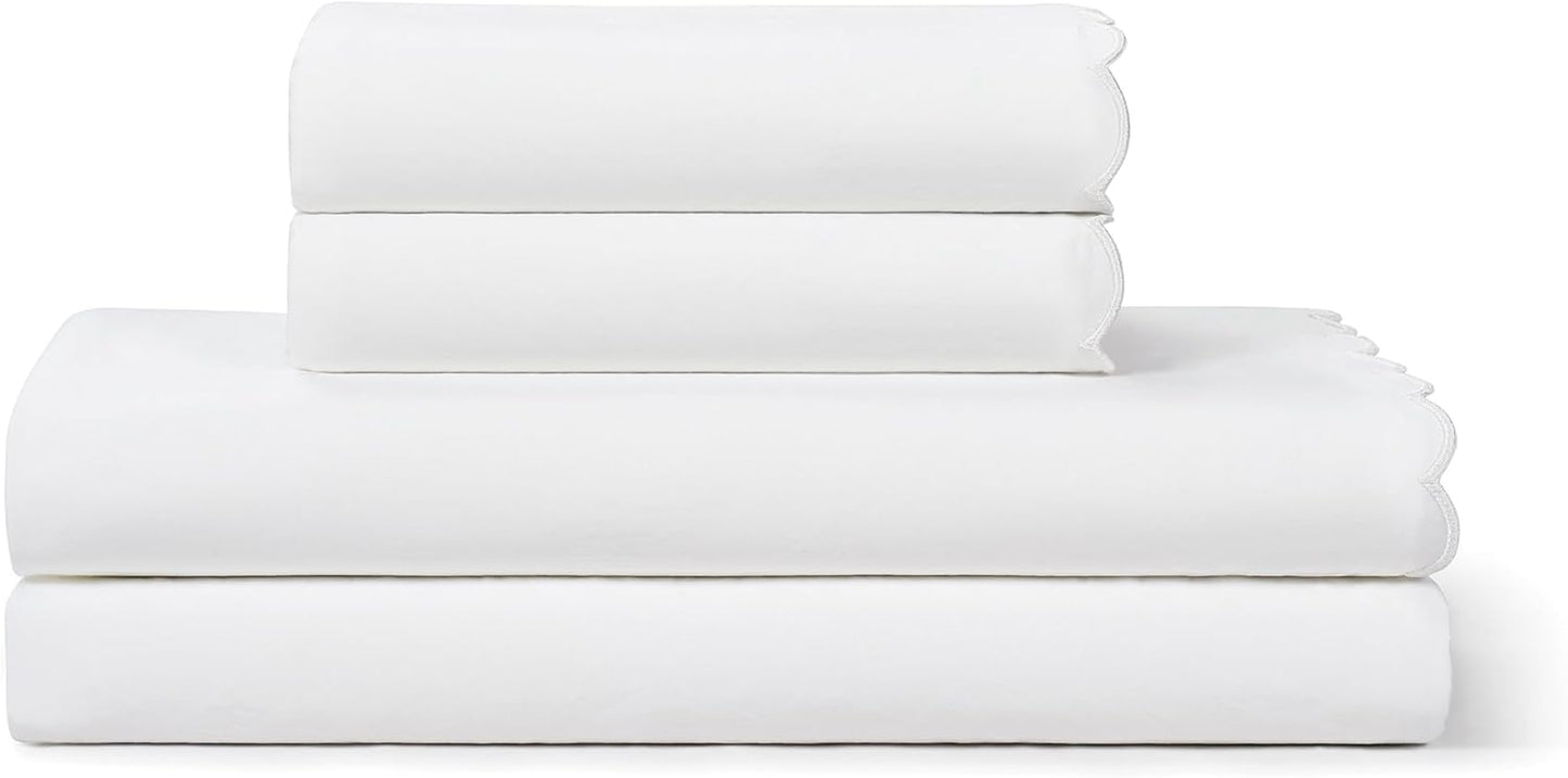 Full Size Sheet Set, 4 Piece Bed Sheets, Breathable Soft 300 TC 100% Cotton with Embroidered Scalloped Edge, 1 Flat Sheet, 1 Fitted, 2 Pillowcases, Full, White with White Scallop