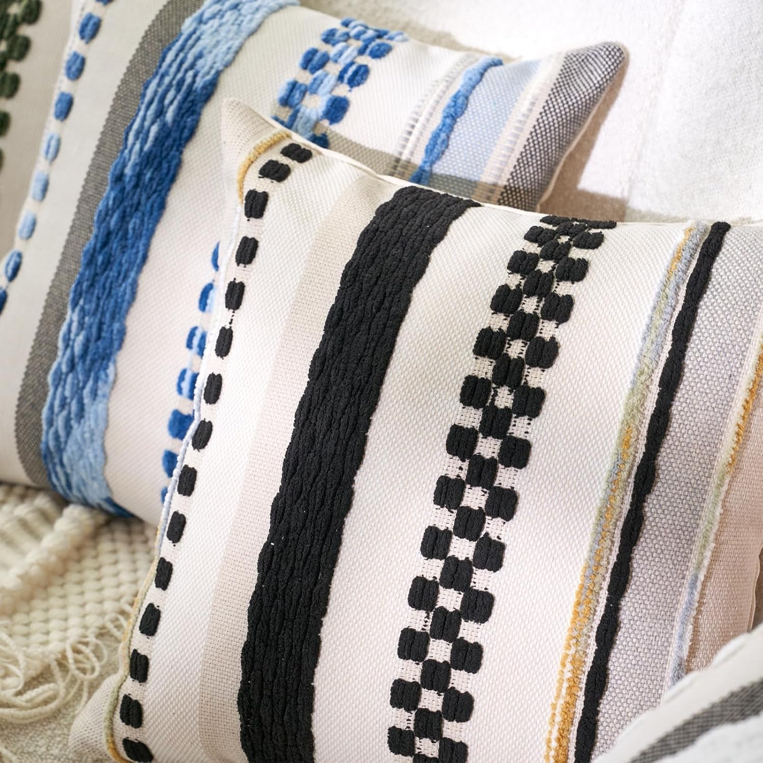 Boho Throw Pillow Covers 18X18 Inch Set of 2, Farmhouse Decorative Striped Square Pillow Covers Chenille Tufted Pillow Cases Accent Neutral Pillowcase for Living Room Couch Bed, Black