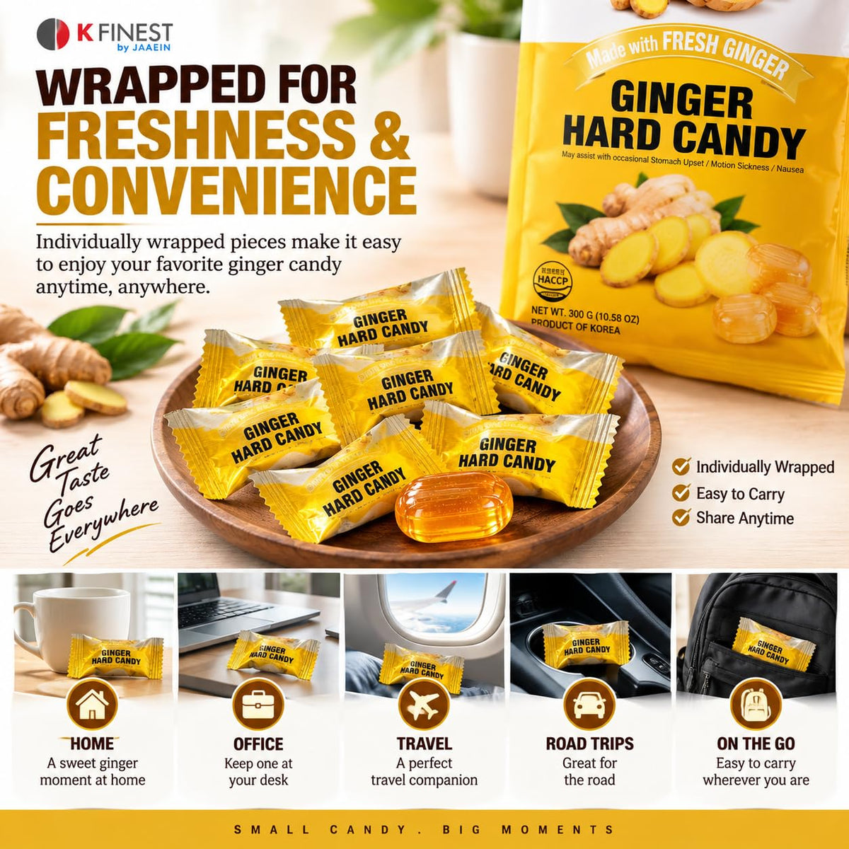 Ginger Hard Candy, Individually Wrapped Korean Ginger Candy Made with Real Ginger, Bold & Spicy Flavor, Travel-Friendly Candy, Product of Korea, 10.58 Oz (300G)