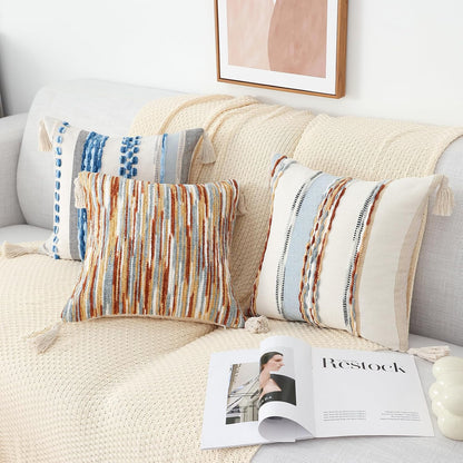 Sky Blue Throw Pillow Covers 18X18 Set of 2 | Decorative Modern Boho Farmhouse Pillow Covers Chenille Striped Tufted Couch Pillow Covers with Tassels for Bed Sofa