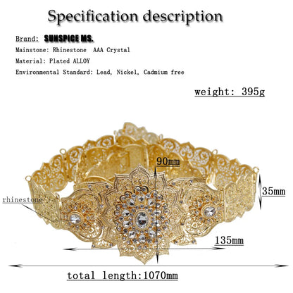 Chic Crystal Moroccan Belt round Flower Caftan Waist Chain for Women Algeria Bride Wedding Jewelry Abaya Dess Belt
