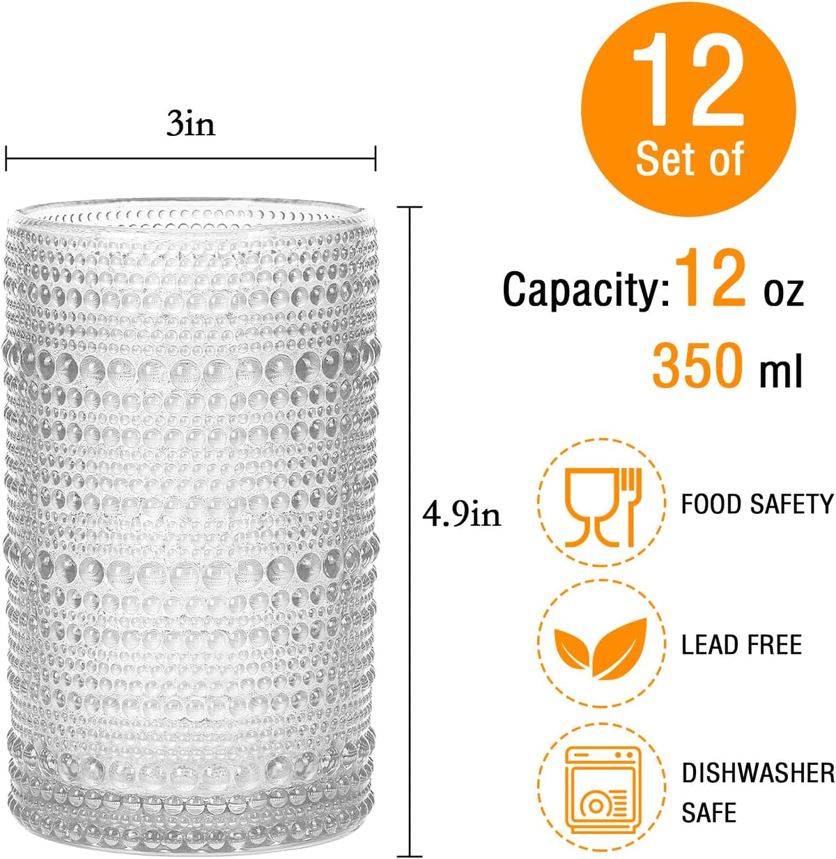 12 Pack Hobnail Drinking Glasses, 12 Oz Highball Glasses | Vintage Textured Glass Cups for Beer, Whiskey, Juice & Cocktails, Boho Glassware Set for Home Bar, Kitchen – Gift Ready