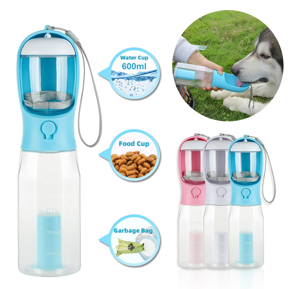 Bouteille d'eau portable pour chat et chien, distributeur de nourriture, abreuvoir, distributeur de crottes, 3 en 1, anti-fuite, multifonction, bouteille d'eau pour chien, produits pour animaux de compagnie