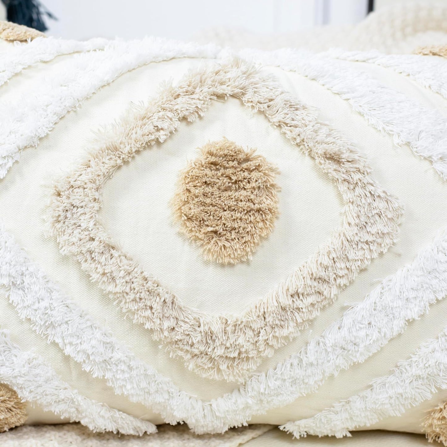 Modern Long Lumbar Throw Pillow Cover 12 X 24,Cotton and Linen Tufted Decorative Boho Long Lumbar Pillow Case for Couch Sofa Bed Farmhouse Chair Outdoor,Khaki&Beige&White