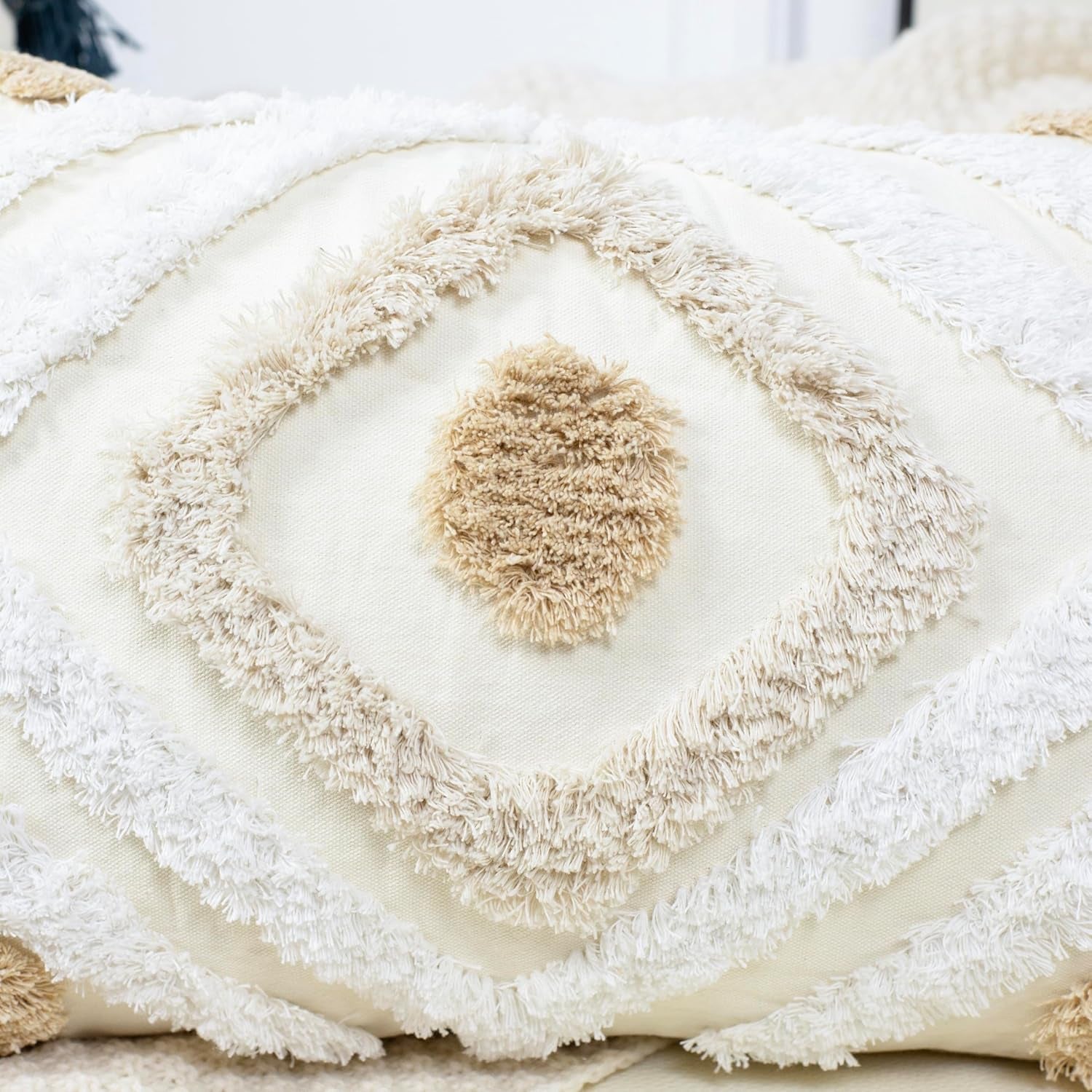 Modern Long Lumbar Throw Pillow Cover 12 X 24,Cotton and Linen Tufted Decorative Boho Long Lumbar Pillow Case for Couch Sofa Bed Farmhouse Chair Outdoor,Khaki&Beige&White