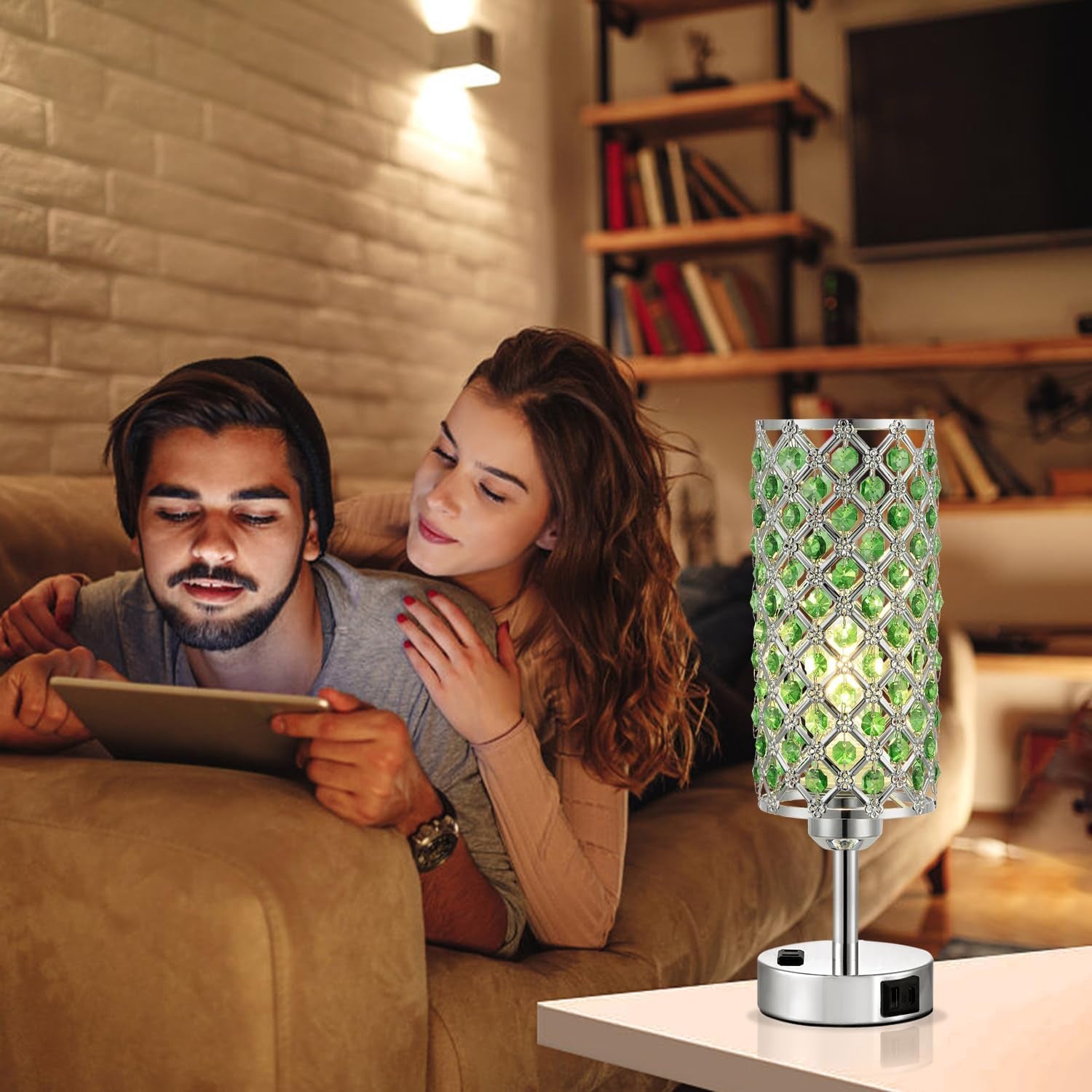 Green Crystal Lamp Touch Control Set of 2, Crystal Table Lamps with USB C+A Ports & AC Outlet, 3-Way Dimmable Nightstand Touch Lamp, Modern Bedside Table Lamp for Bedroom(Bulbs Included)