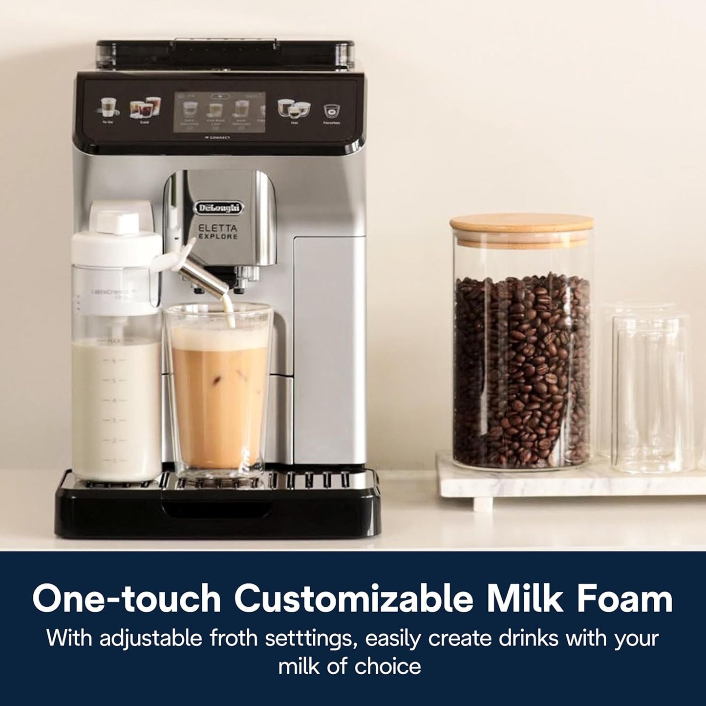 De'Longhi Eletta Explore Espresso Machine with Coffee Grinder, Milk Frother | #1 Worldwide Espresso Machine Maker, 50+ One-Touch Recipes, Travel Mug, Hot & Cold Frother, Built-In Grinder, 4 User Profiles