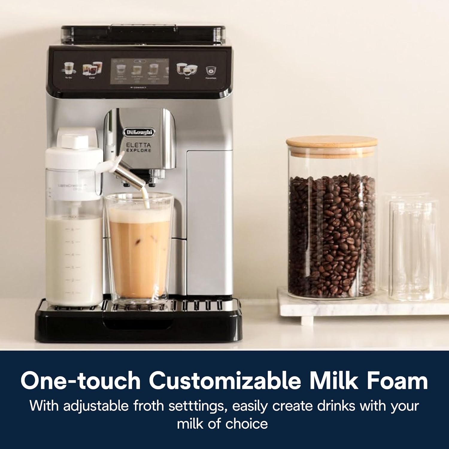 De'Longhi Eletta Explore Espresso Machine with Coffee Grinder, Milk Frother | #1 Worldwide Espresso Machine Maker, 50+ One-Touch Recipes, Travel Mug, Hot & Cold Frother, Built-In Grinder, 4 User Profiles