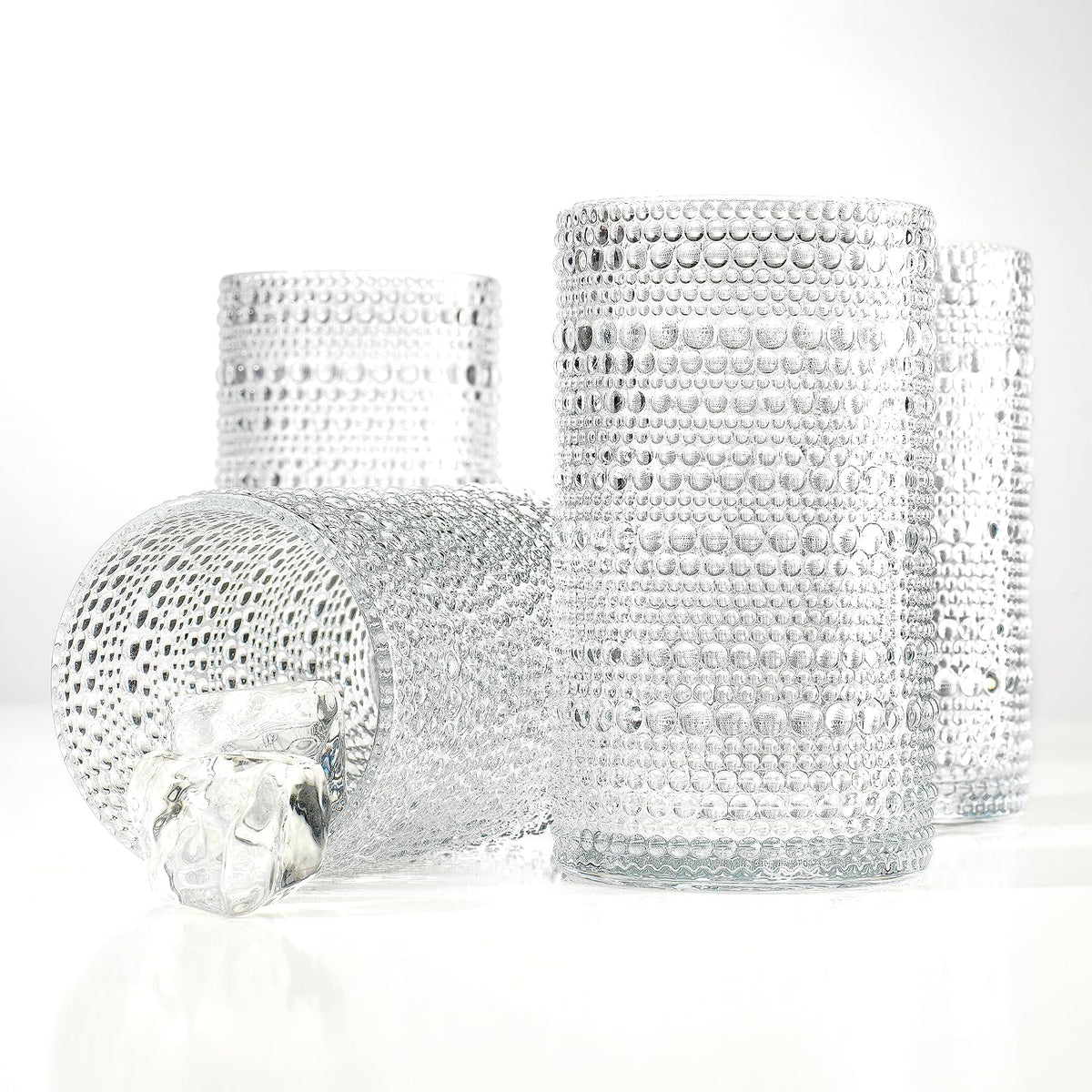 Hobnail Drinking Glasses, Set of 4 Clear Vintage Beaded Glass Cups, 15 Oz. Cocktail Drinking Glassware Set, for Water Juice, Smoothies. Home, Dinner, Bar Uses.