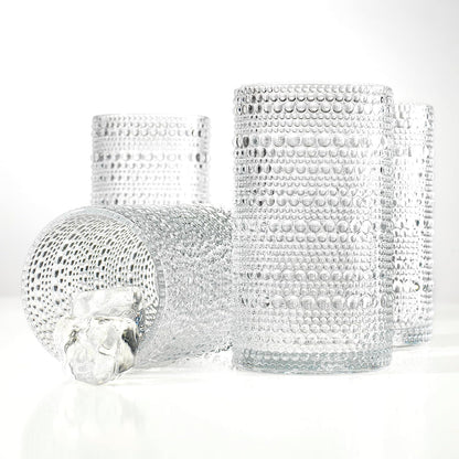 Hobnail Drinking Glasses, Set of 4 Clear Vintage Beaded Glass Cups, 15 Oz. Cocktail Drinking Glassware Set, for Water Juice, Smoothies. Home, Dinner, Bar Uses.