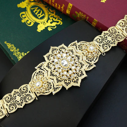 Chic Crystal Moroccan Belt round Flower Caftan Waist Chain for Women Algeria Bride Wedding Jewelry Abaya Dess Belt