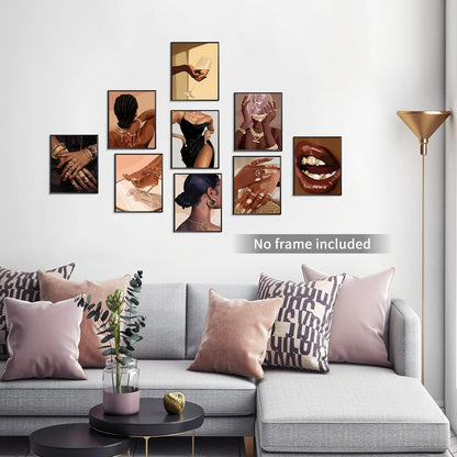 Black Girl Posters Wall Art Set of 9, Abstract African American Woman Canvas Wall Decor Painting, Trendy Boho Artwork Aesthetics Prints for Living Room Bedroom Home Decor 8X10In Unframed