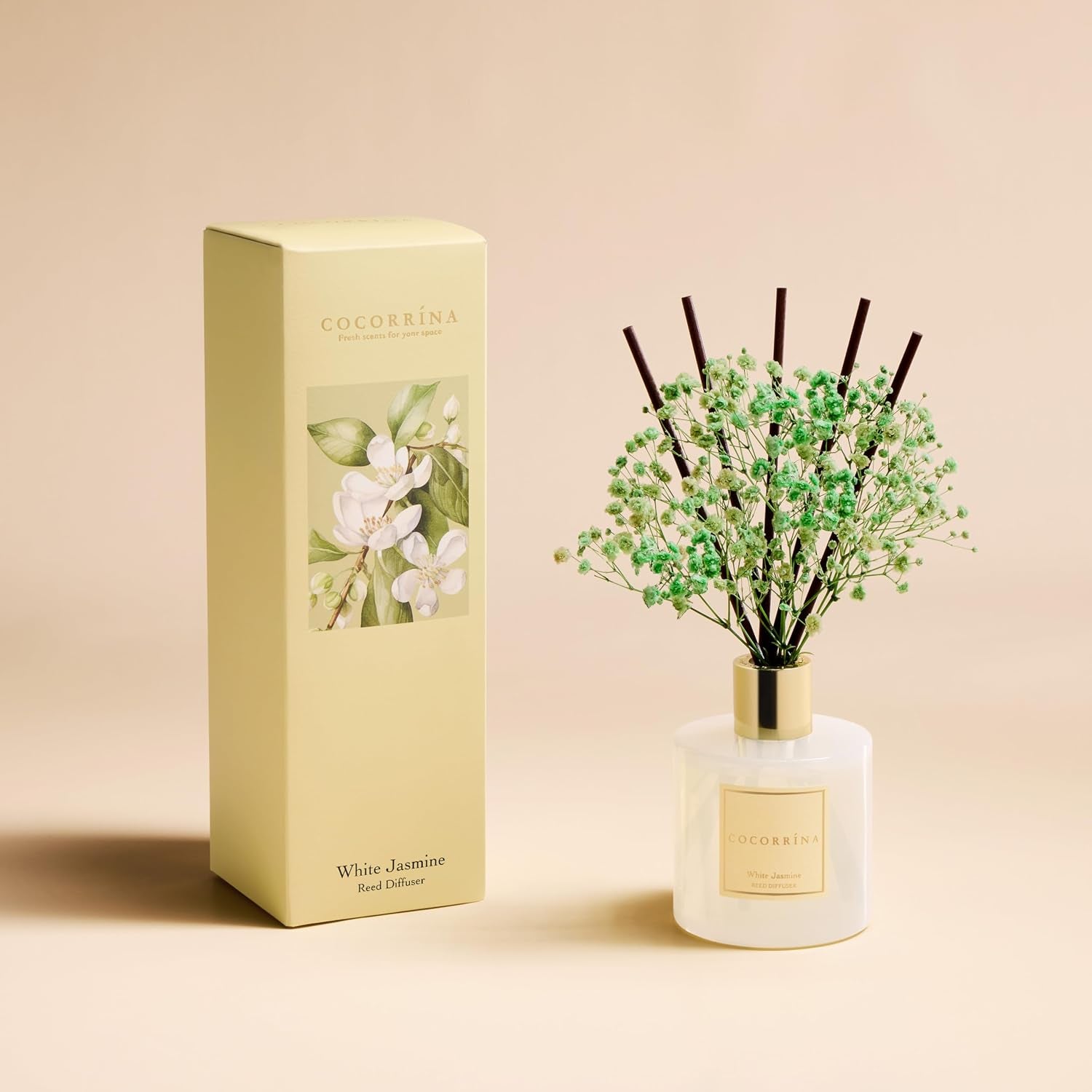 Reed Diffuser - White Jasmine 6.7 Fl.Oz Reed Diffuser Set with Sticks & Preserved Baby'S Breath, Reed Diffuser for Home Bathroom Shelf Decor