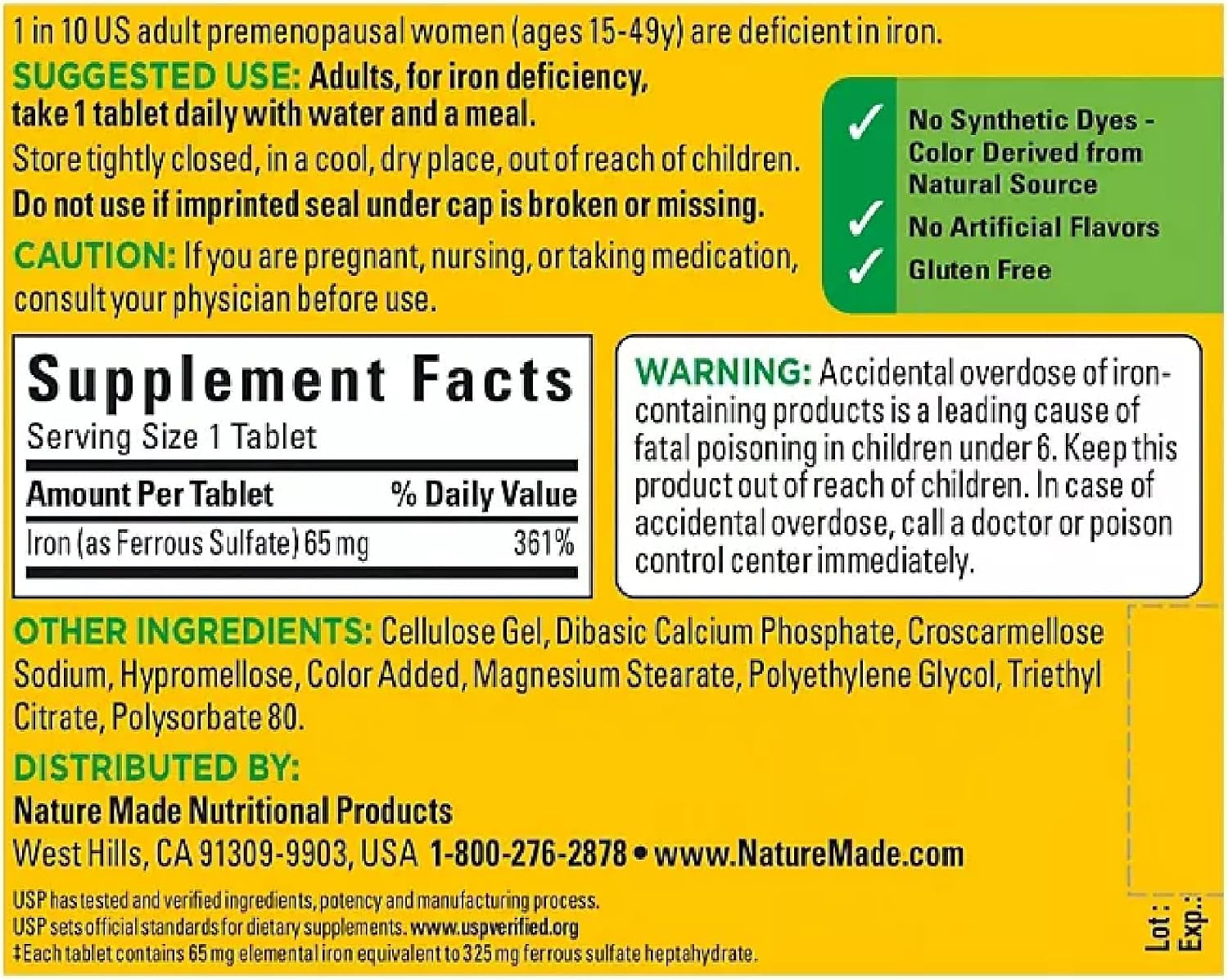 Iron 65 Mg (From Ferrous Sulfate) Tablets for Red Blood Cell Formation (365 Ct.).