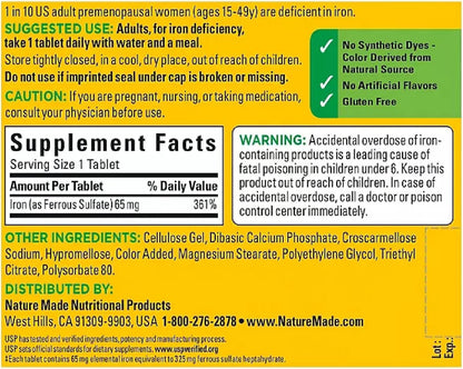 Iron 65 Mg (From Ferrous Sulfate) Tablets for Red Blood Cell Formation (365 Ct.).