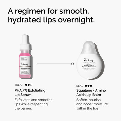 The Ordinary Lip Care Duo - Skin Care Bundle Set - PHA 5% Exfoliating Lip Serum 0.5 Fl Oz + Squalane and Amino Acids Lip Balm