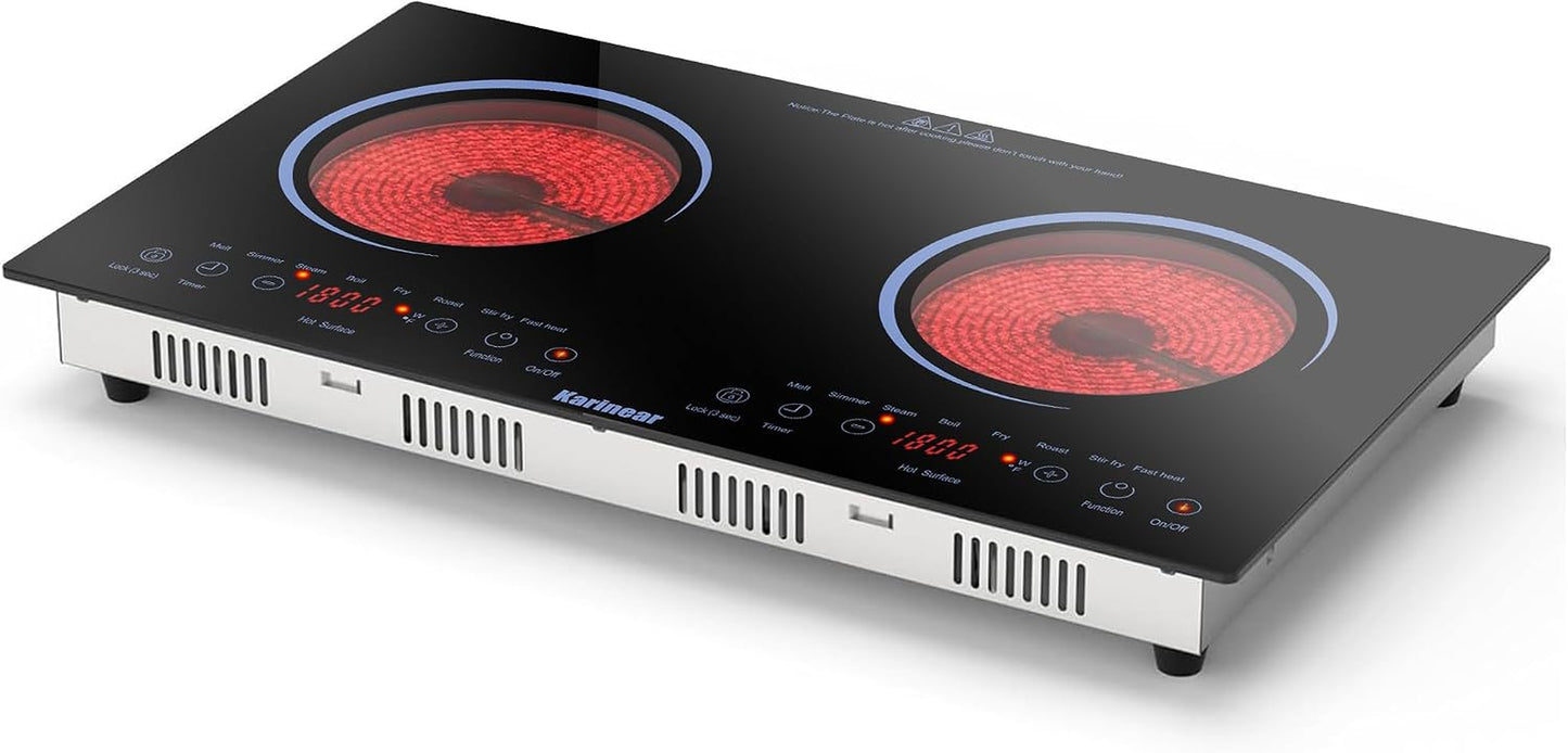 2 Burners Electric Cooktop 24 Inch, 110V~120V Countertop and Built-In Elecric Stove Top, Portable Electric Radiant with Outlet Plug, Sensor Touch, Child Safety Lock, Timer(Blue)