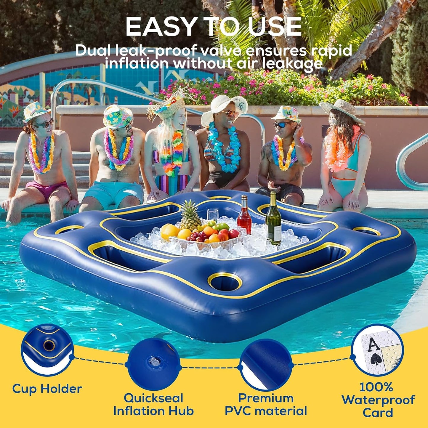 Floating Poker Table for Pool with Waterproof Playing Cards - 4 Person Inflatable Pool Games for Adults - Blue & Gold Premium Floating Card Table Set for Lake, River, and Swimming Party (40 Inch)
