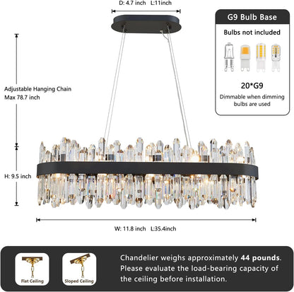 Modern Rectangular Crystal Chandelier, 20-Lights Black Raindrop Chandelier Lighting Contemporary Pendant Ceiling Light Fixture for Dining Room Living Room Kitchen Island L35.4''