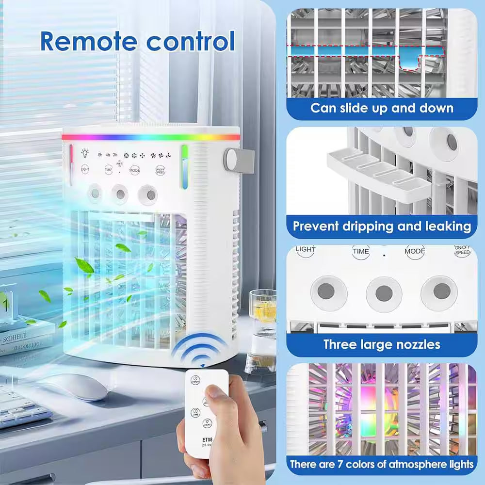 Portable Air Conditioner, 4-In-1 Portable Air Cooling Fan W/ 1000Ml Tank, 3 Speeds, Remote, 2 - 8H Timer, 7, No Heat