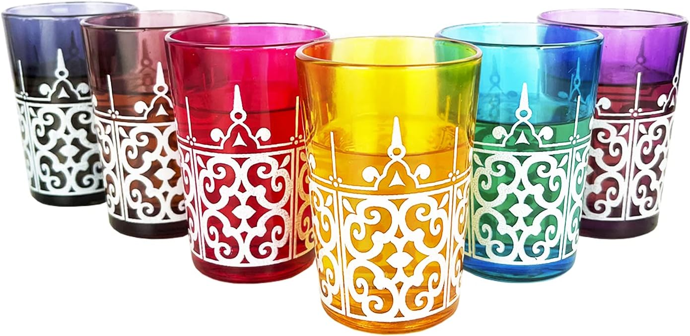 Moroccan Glasses Artisan Hand-Made Multipurpose 170 ml 6 oz Tea, Coffee and Wine Moroccan, Hot & Cold Tumbler - Marrakech & Casablanca Tea Cups Set of 6 Hand Blown Colorful Made in Morocco (6 Colors)-0