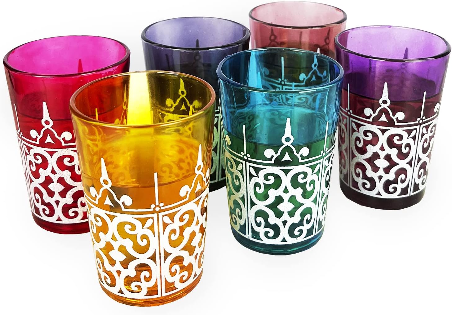 Moroccan Glasses Artisan Hand-Made Multipurpose 170 ml 6 oz Tea, Coffee and Wine Moroccan, Hot & Cold Tumbler - Marrakech & Casablanca Tea Cups Set of 6 Hand Blown Colorful Made in Morocco (6 Colors)-0
