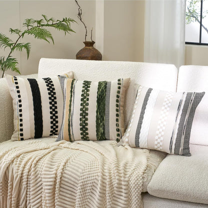 Boho Throw Pillow Covers 18X18 Inch Set of 2, Farmhouse Decorative Striped Square Pillow Covers Chenille Tufted Pillow Cases Accent Neutral Pillowcase for Living Room Couch Bed, Black