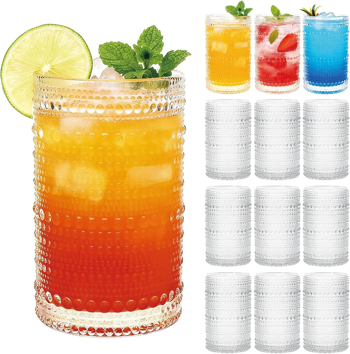 12 Pack Hobnail Drinking Glasses, 12 Oz Highball Glasses | Vintage Textured Glass Cups for Beer, Whiskey, Juice & Cocktails, Boho Glassware Set for Home Bar, Kitchen – Gift Ready