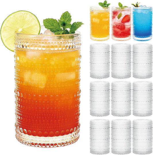 12 Pack Hobnail Drinking Glasses, 12 Oz Highball Glasses | Vintage Textured Glass Cups for Beer, Whiskey, Juice & Cocktails, Boho Glassware Set for Home Bar, Kitchen – Gift Ready